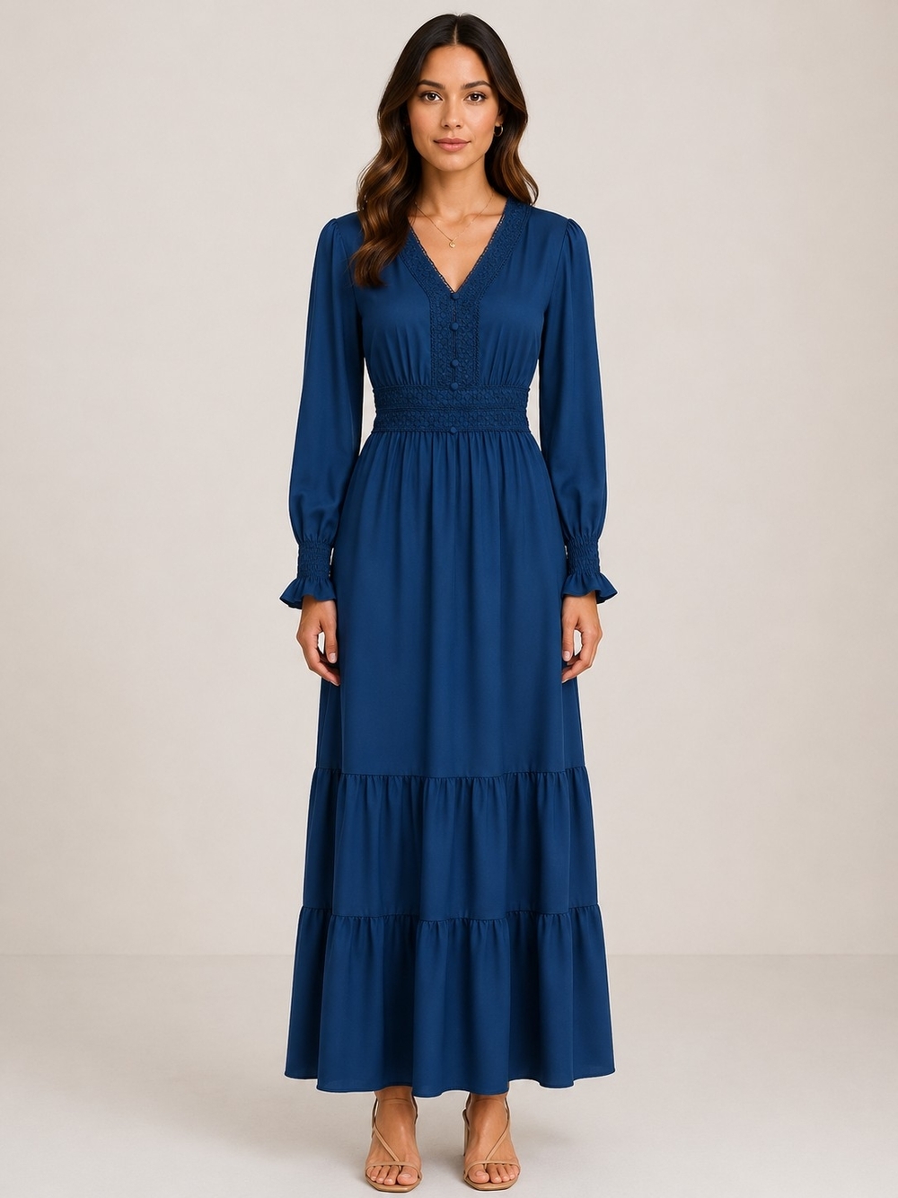 Boutique NWOT Long Sleeve V-Neck Maxi Dress in Deep Blue Sz M